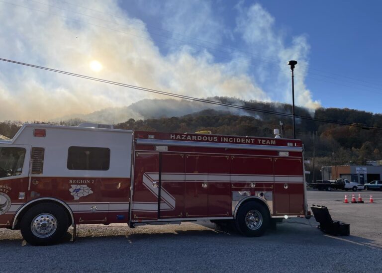 Hazmat incident team truck with deployed RATT camera monitoring smoke and fire conditions at Andy's Ridge