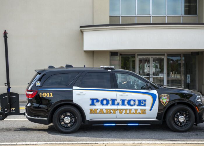 Close-up of the Hitch-Mounted RATT mobile surveillance technology on a Maryville PD cruiser at a motorcycle gathering.